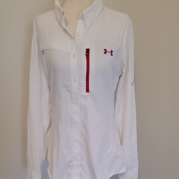 Under Armour Tops - Under Armour White Button Down Shirt with Red Accent